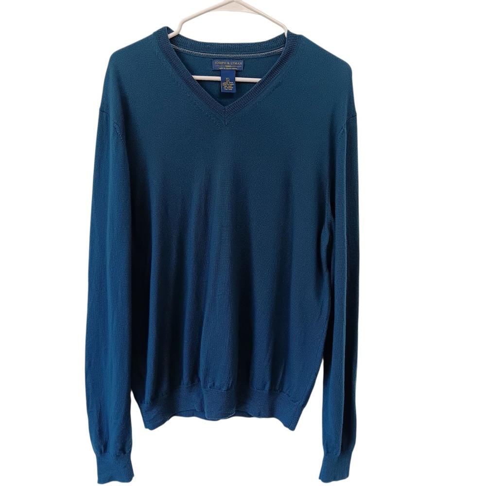 Joseph & Lyman Merino Wool Sweater Men Large Blue‎ V Neck Pullover Soft Knit